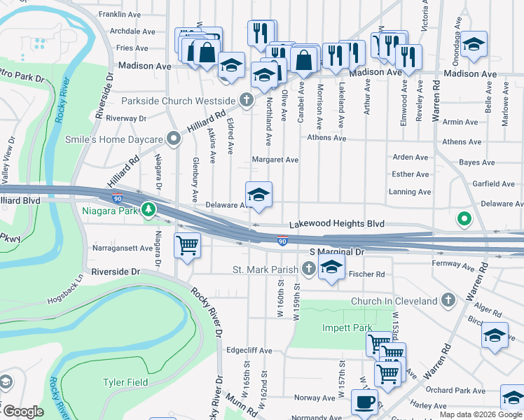 map of restaurants, bars, coffee shops, grocery stores, and more near 16401 Delaware Avenue in Lakewood