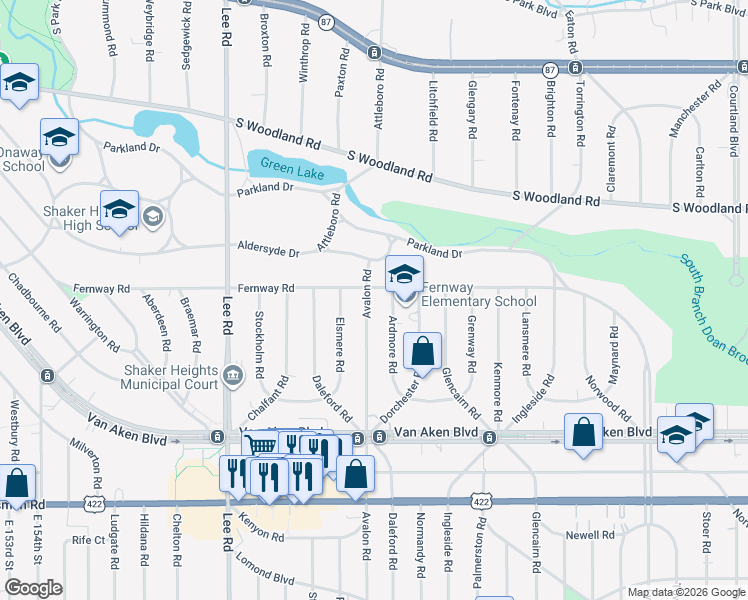 map of restaurants, bars, coffee shops, grocery stores, and more near 3280 Ardmore Road in Shaker Heights