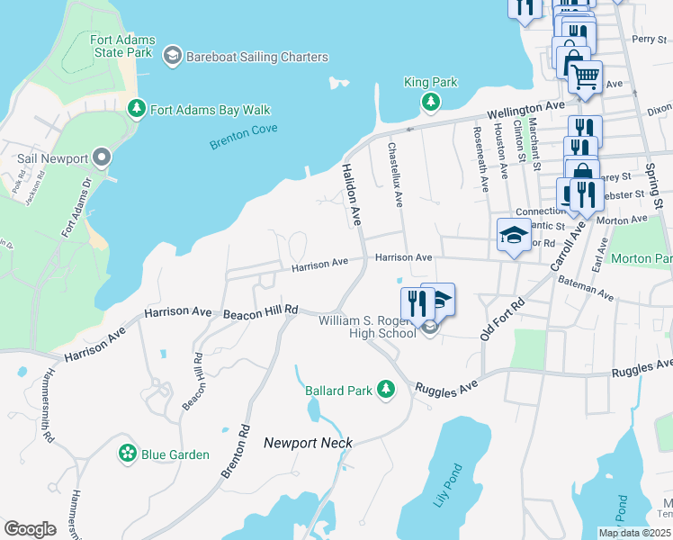 map of restaurants, bars, coffee shops, grocery stores, and more near 90 Harrison Avenue in Newport