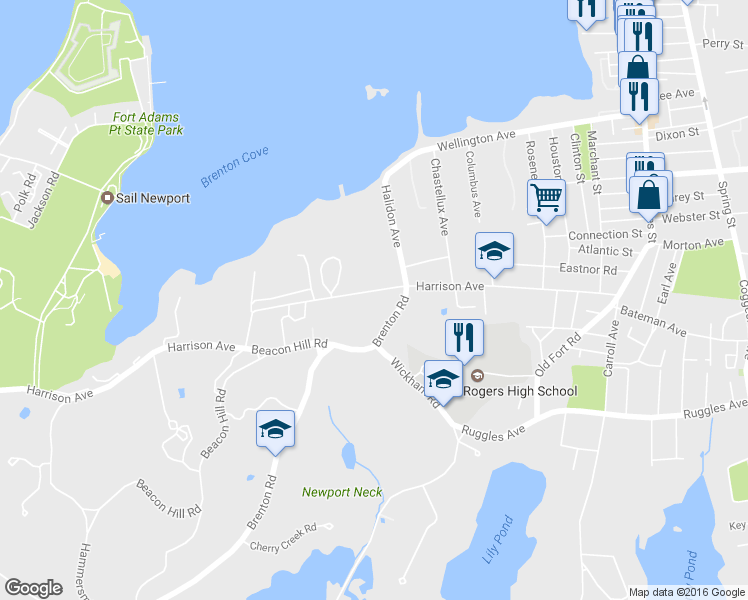 map of restaurants, bars, coffee shops, grocery stores, and more near 90 Harrison Avenue in Newport