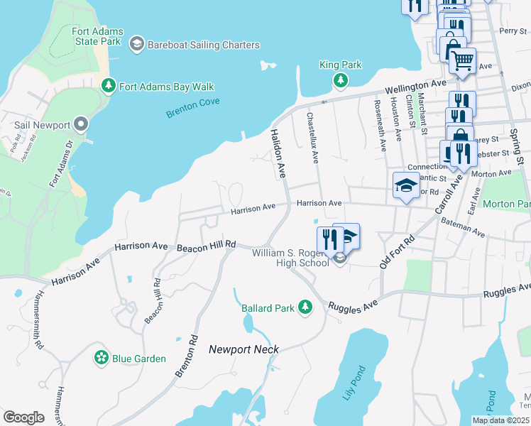 map of restaurants, bars, coffee shops, grocery stores, and more near 4 Brenton Road in Newport