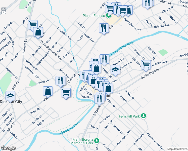 map of restaurants, bars, coffee shops, grocery stores, and more near 116 Willow Street in Dunmore