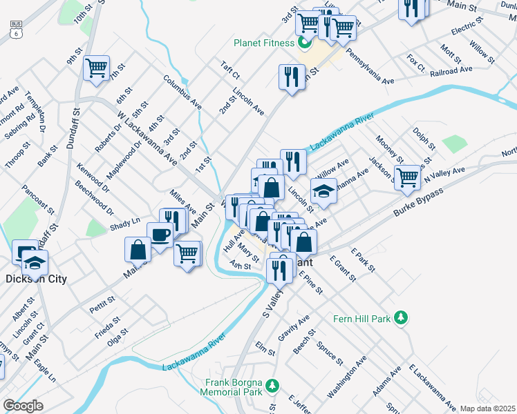 map of restaurants, bars, coffee shops, grocery stores, and more near 116 Willow Street in Dunmore