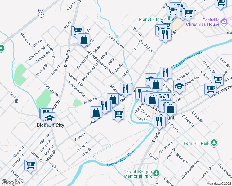 map of restaurants, bars, coffee shops, grocery stores, and more near 1617 Main St in Olyphant