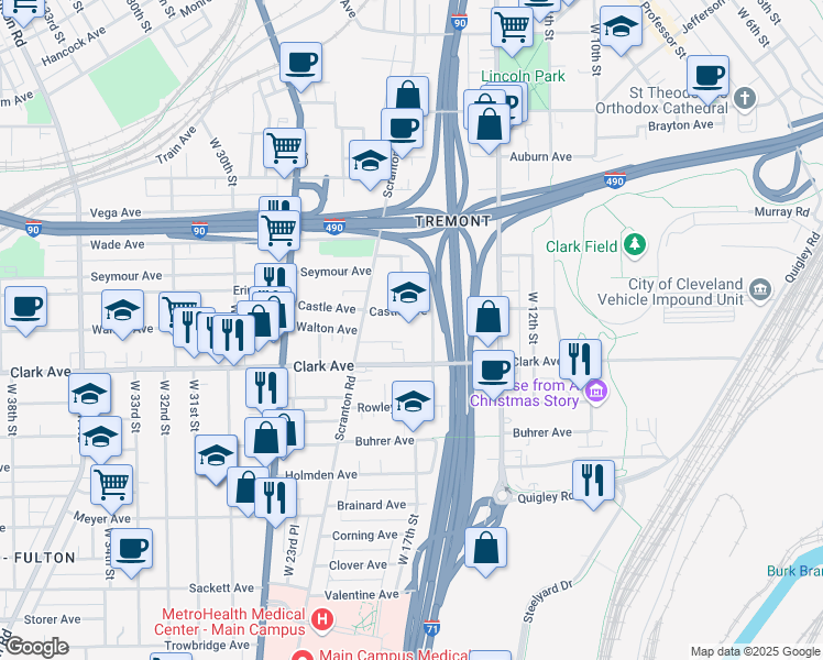 map of restaurants, bars, coffee shops, grocery stores, and more near 1616 Clark Avenue in Cleveland