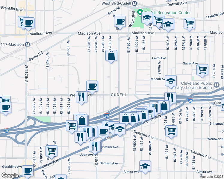 map of restaurants, bars, coffee shops, grocery stores, and more near 2238 West Boulevard in Cleveland