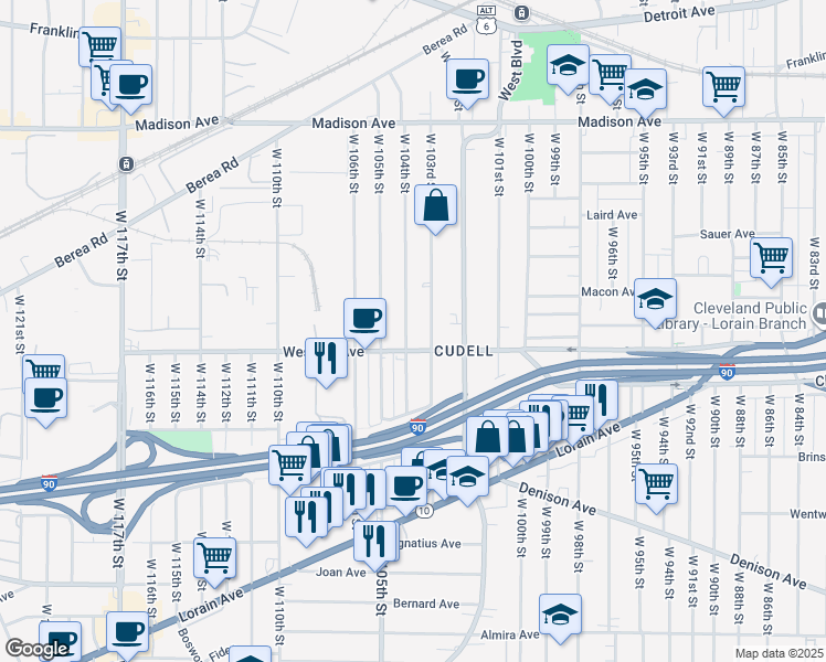 map of restaurants, bars, coffee shops, grocery stores, and more near 2235 West 104th Street in Cleveland