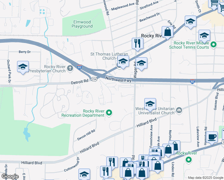 map of restaurants, bars, coffee shops, grocery stores, and more near 21160 West Wagar Circle in Rocky River