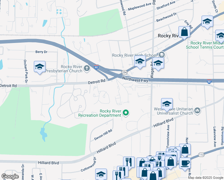 map of restaurants, bars, coffee shops, grocery stores, and more near 21403 Cherry Way in Rocky River