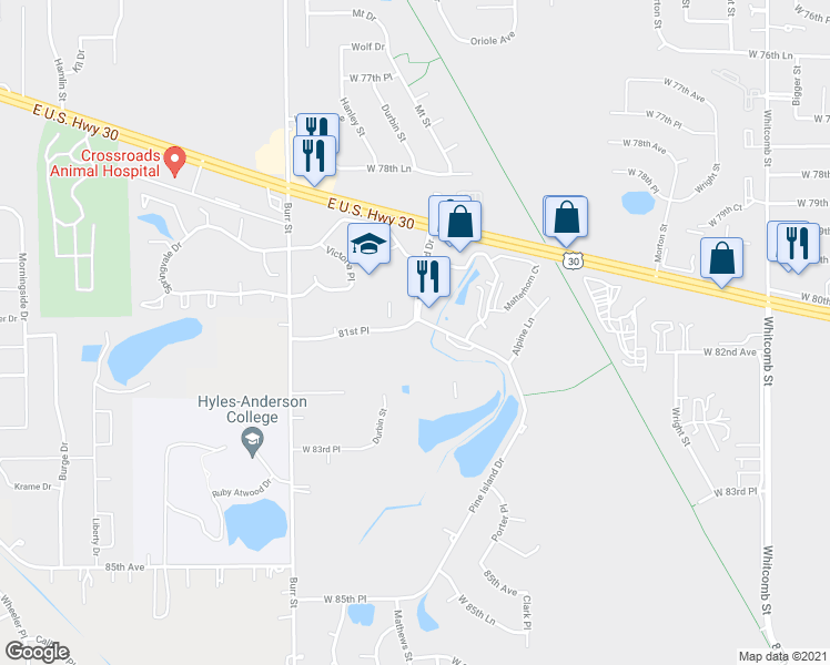 map of restaurants, bars, coffee shops, grocery stores, and more near 8145 Mount Court in Crown Point