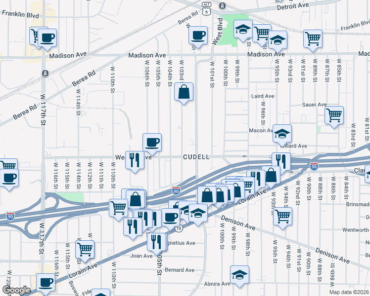 map of restaurants, bars, coffee shops, grocery stores, and more near 2238 West Boulevard in Cleveland