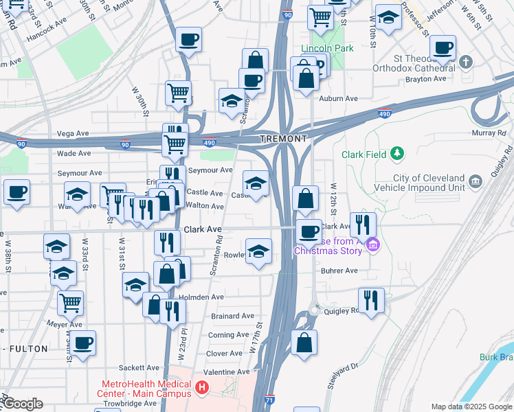map of restaurants, bars, coffee shops, grocery stores, and more near 1701 Castle Avenue in Cleveland