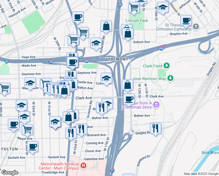 map of restaurants, bars, coffee shops, grocery stores, and more near 1701 Castle Avenue in Cleveland