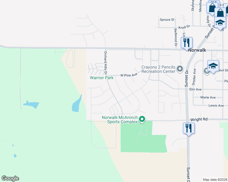 map of restaurants, bars, coffee shops, grocery stores, and more near 714 Dogwood Lane in Norwalk