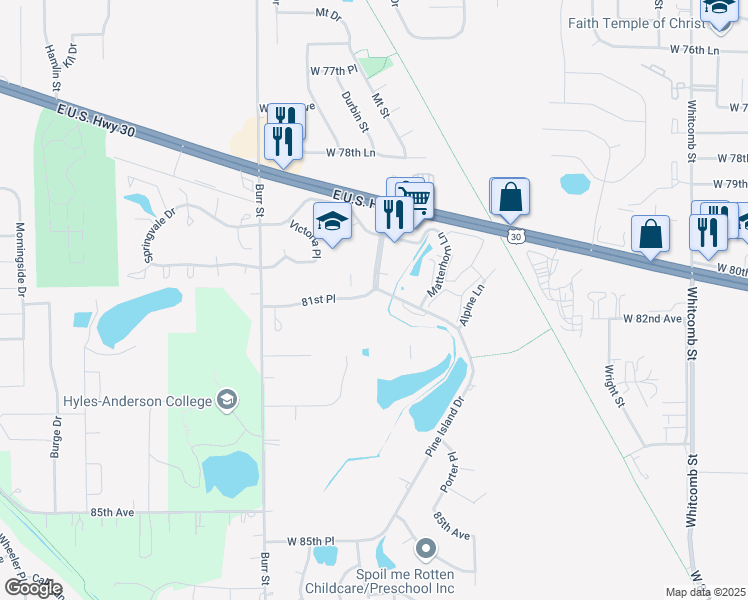 map of restaurants, bars, coffee shops, grocery stores, and more near 8127 Mount Court in Crown Point