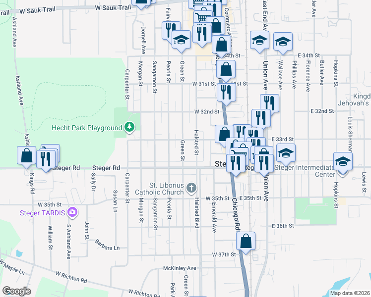 map of restaurants, bars, coffee shops, grocery stores, and more near 3317 Green Street in Steger