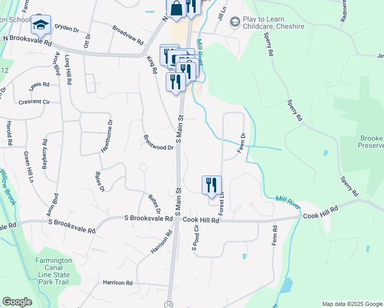map of restaurants, bars, coffee shops, grocery stores, and more near 22 Southwick Court in Cheshire