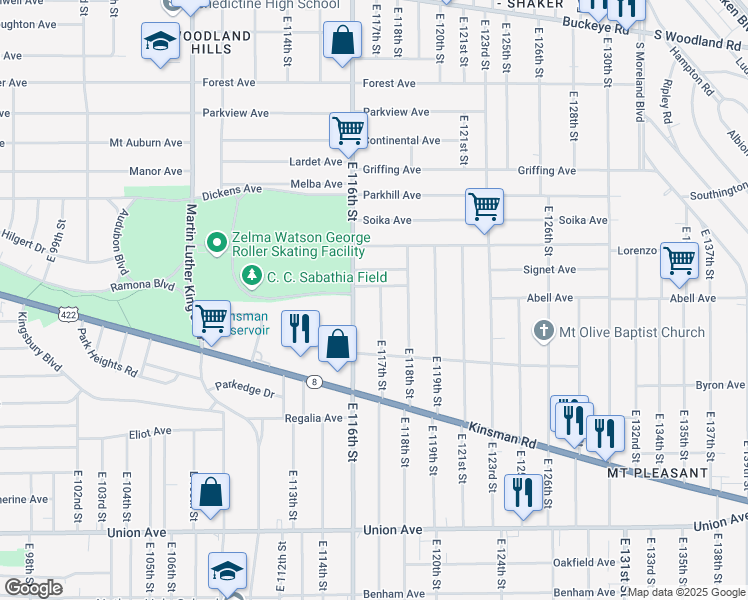 map of restaurants, bars, coffee shops, grocery stores, and more near 3239 East 117th Street in Cleveland