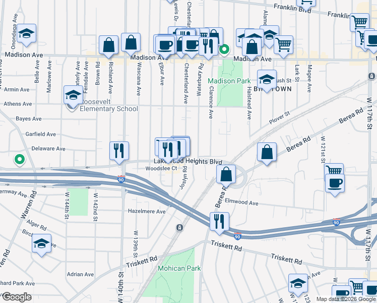 map of restaurants, bars, coffee shops, grocery stores, and more near 2231 Chesterland Avenue in Lakewood