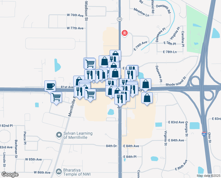 map of restaurants, bars, coffee shops, grocery stores, and more near 6 West Lincoln Highway in Merrillville