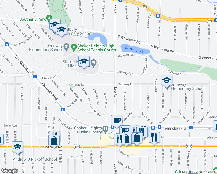 map of restaurants, bars, coffee shops, grocery stores, and more near 3280 Lee Road in Shaker Heights