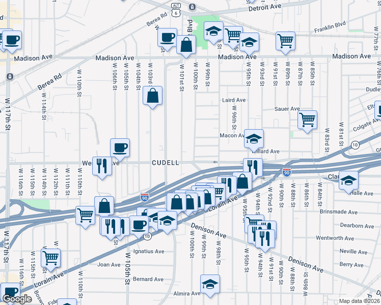map of restaurants, bars, coffee shops, grocery stores, and more near 2235 West 100th Street in Cleveland