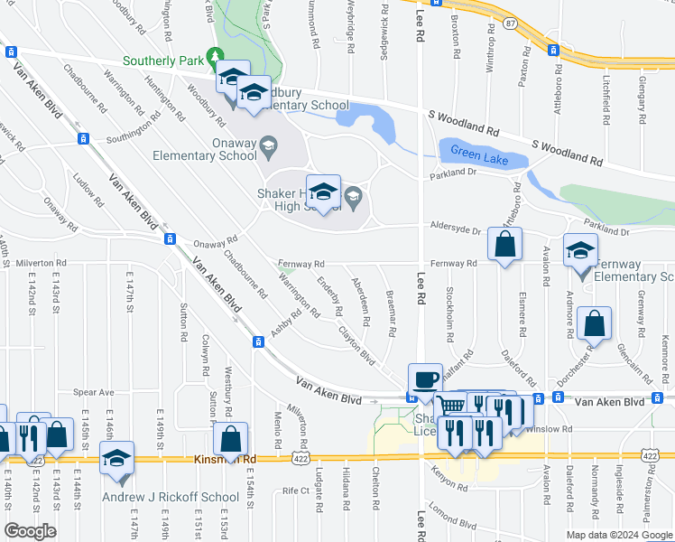map of restaurants, bars, coffee shops, grocery stores, and more near 16010 Fernway Road in Shaker Heights