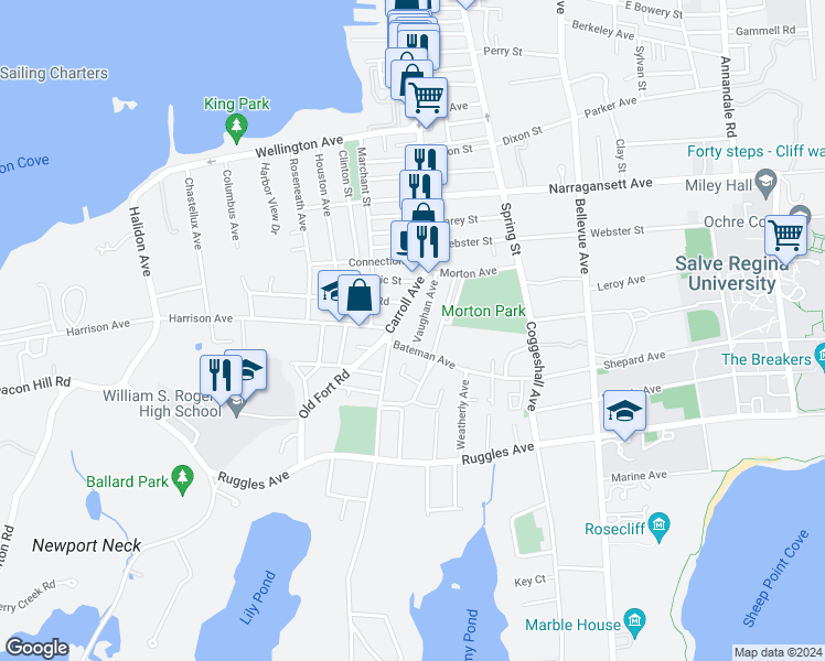 map of restaurants, bars, coffee shops, grocery stores, and more near 10 Bateman Avenue in Newport