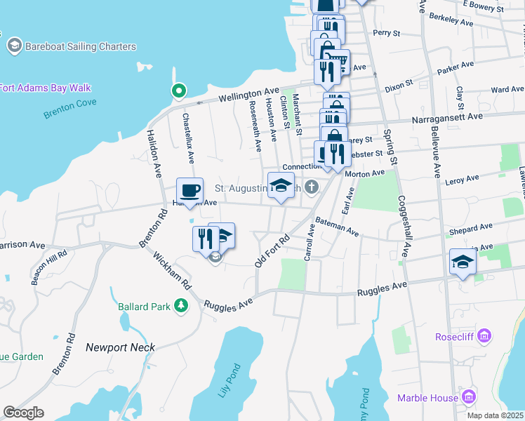 map of restaurants, bars, coffee shops, grocery stores, and more near 49B Palmer Street in Newport