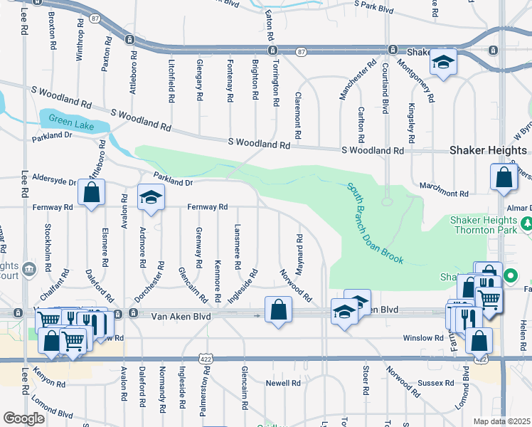 map of restaurants, bars, coffee shops, grocery stores, and more near 3275 Ingleside Road in Shaker Heights