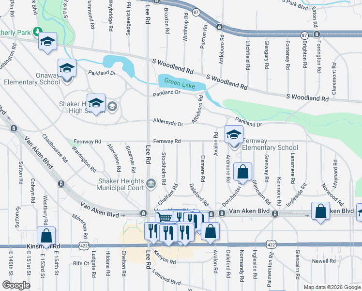 map of restaurants, bars, coffee shops, grocery stores, and more near 3282 Chalfant Road in Shaker Heights