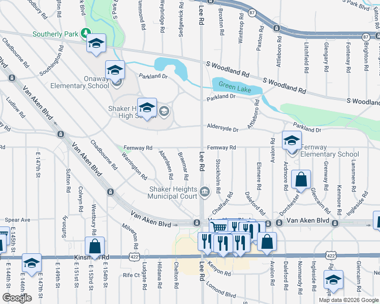 map of restaurants, bars, coffee shops, grocery stores, and more near 3280 Lee Road in Shaker Heights