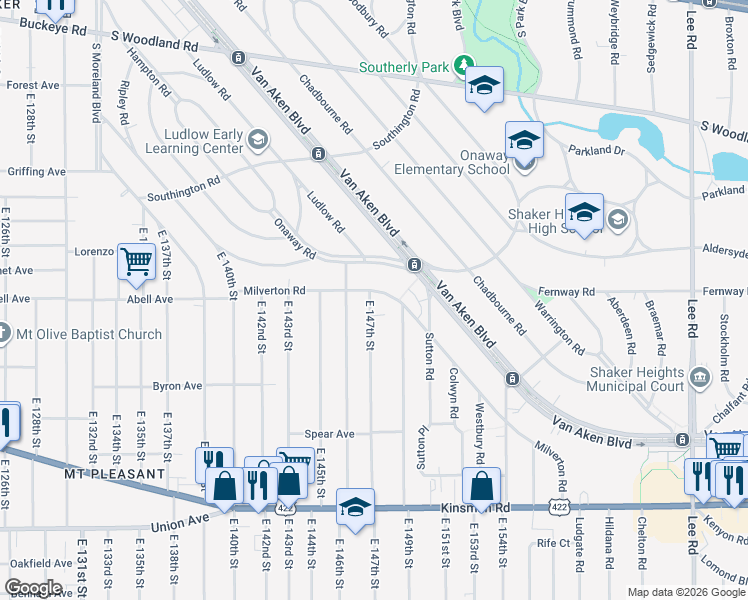 map of restaurants, bars, coffee shops, grocery stores, and more near 3272 East 147th Street in Cleveland