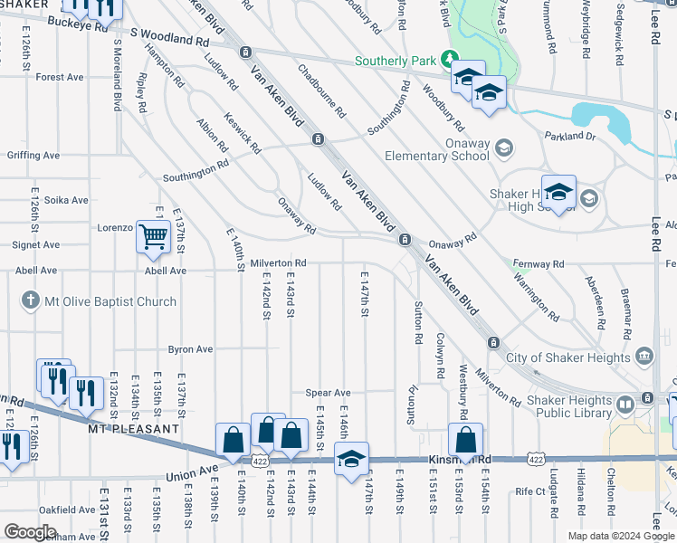 map of restaurants, bars, coffee shops, grocery stores, and more near 3277 East 145th Street in Cleveland