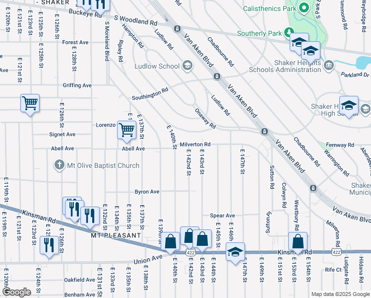 map of restaurants, bars, coffee shops, grocery stores, and more near 3271 East 142nd Street in Cleveland