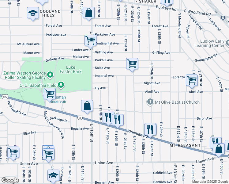 map of restaurants, bars, coffee shops, grocery stores, and more near 3241 East 118th Street in Cleveland