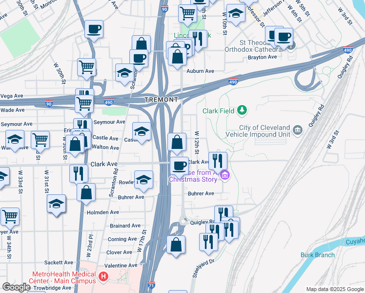 map of restaurants, bars, coffee shops, grocery stores, and more near 3050 West 14th Street in Cleveland