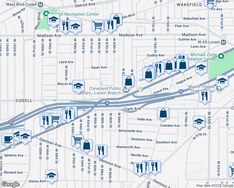 map of restaurants, bars, coffee shops, grocery stores, and more near 8300 Lorain Avenue in Cleveland