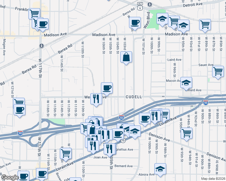 map of restaurants, bars, coffee shops, grocery stores, and more near in Cleveland