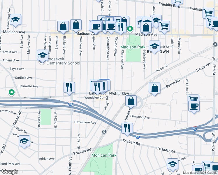 map of restaurants, bars, coffee shops, grocery stores, and more near 2231 Chesterland Avenue in Lakewood