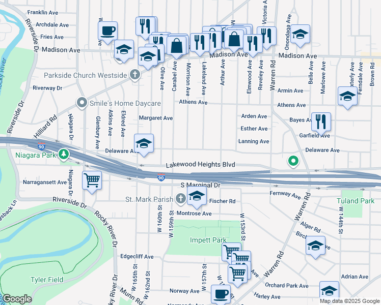 map of restaurants, bars, coffee shops, grocery stores, and more near 15614 Lakewood Heights Boulevard in Lakewood
