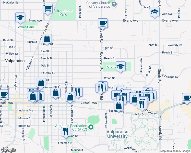 map of restaurants, bars, coffee shops, grocery stores, and more near 1006 Wood Street in Valparaiso