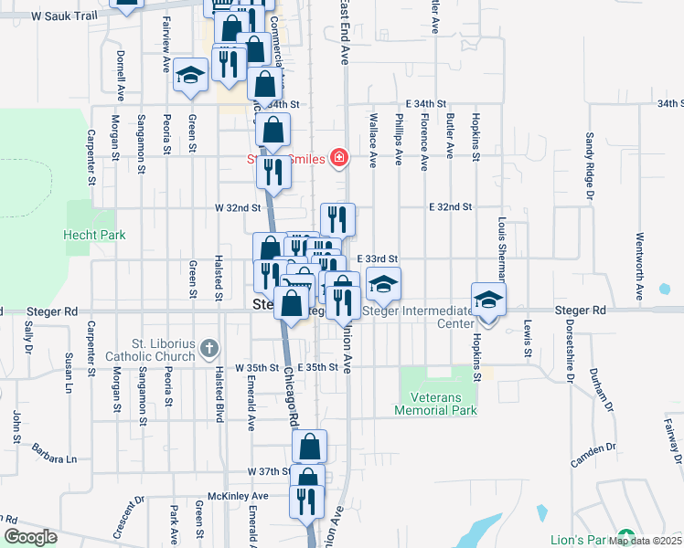 map of restaurants, bars, coffee shops, grocery stores, and more near 3332 Union Avenue in Steger