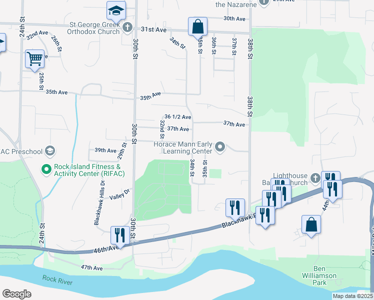 map of restaurants, bars, coffee shops, grocery stores, and more near 3242 39th Avenue in Rock Island