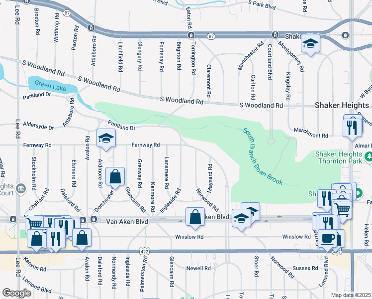 map of restaurants, bars, coffee shops, grocery stores, and more near 3275 Ingleside Road in Shaker Heights