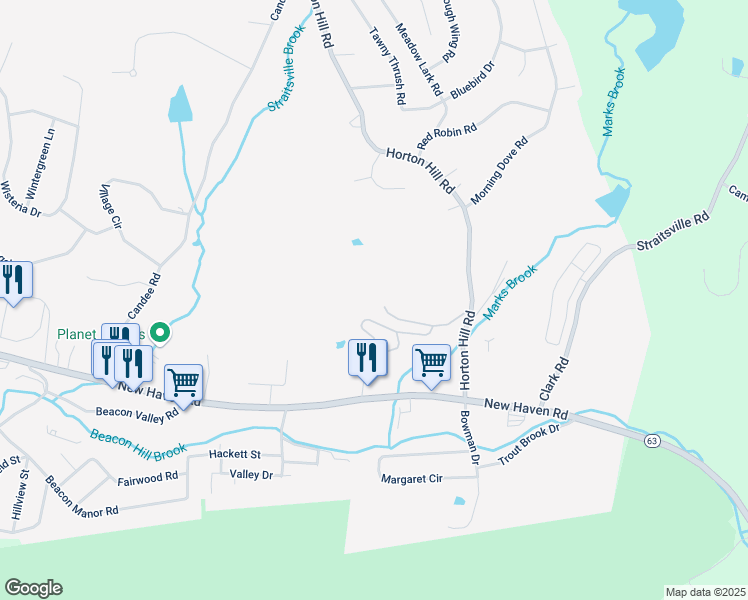map of restaurants, bars, coffee shops, grocery stores, and more near 110 Barn Finch Court in Naugatuck