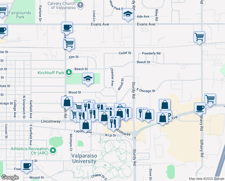 map of restaurants, bars, coffee shops, grocery stores, and more near 1710 Northwood Court in Valparaiso