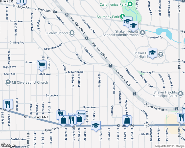 map of restaurants, bars, coffee shops, grocery stores, and more near 3277 East 145th Street in Cleveland