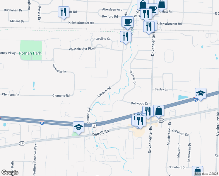 map of restaurants, bars, coffee shops, grocery stores, and more near Cahoon Road in Westlake