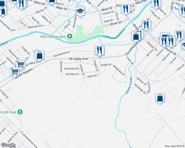 map of restaurants, bars, coffee shops, grocery stores, and more near 116 Palm St in Olyphant